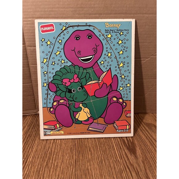 Playskool Vintage Wood Puzzle Barney Baby Bop's Bedtime Story 328-01 1993 - Picture 1 of 3